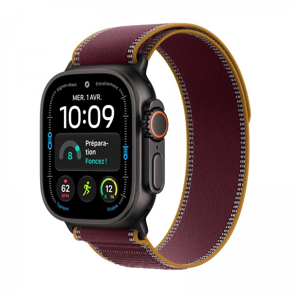 Apple Watch Ultra 4 Titane noir Boucle Trail Bordeaux